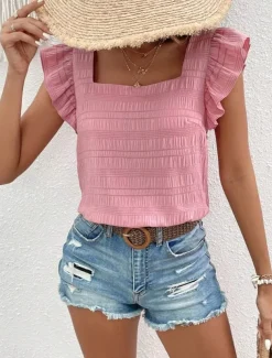 Women's Blouse Solid Color Daily Ladies Stylish Short Sleeve Square Neck Regular Tops Daily Holiday Going out Ruffle Patchwork Black White Pink Red Blue Summer Spring