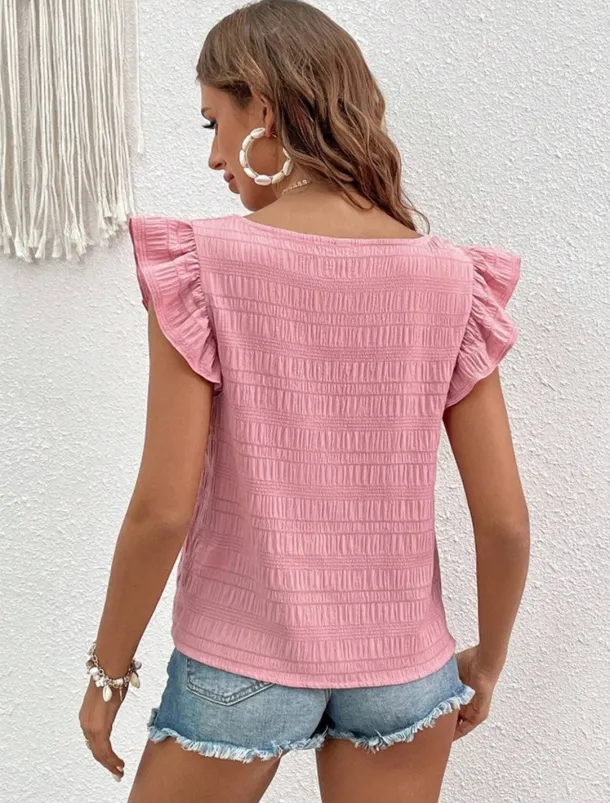 Women's Blouse Solid Color Daily Ladies Stylish Short Sleeve Square Neck Regular Tops Daily Holiday Going out Ruffle Patchwork Black White Pink Red Blue Summer Spring