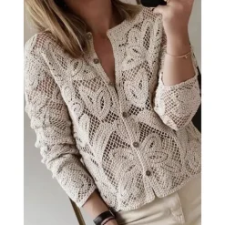 Women's Blouse Solid Color Basic Casual Long Sleeve Crew Neck Regular Tops Daily Hollow Out Buttons Khaki Fall Winter