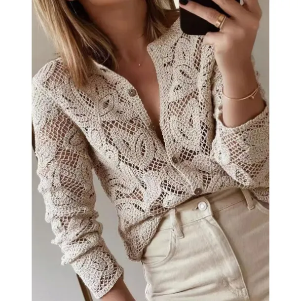 Women's Blouse Solid Color Basic Casual Long Sleeve Crew Neck Regular Tops Daily Hollow Out Buttons Khaki Fall Winter