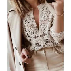 Women's Blouse Solid Color Basic Casual Long Sleeve Crew Neck Regular Tops Daily Hollow Out Buttons Khaki Fall Winter