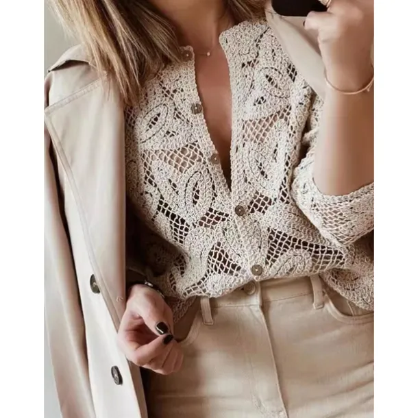 Women's Blouse Solid Color Basic Casual Long Sleeve Crew Neck Regular Tops Daily Hollow Out Buttons Khaki Fall Winter