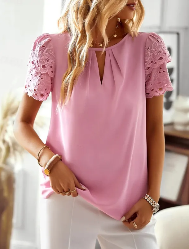 Women's Blouse Solid Color Stylish Casual Short Sleeve Crew Neck Regular Tops Daily Eyelet Pink Summer Spring