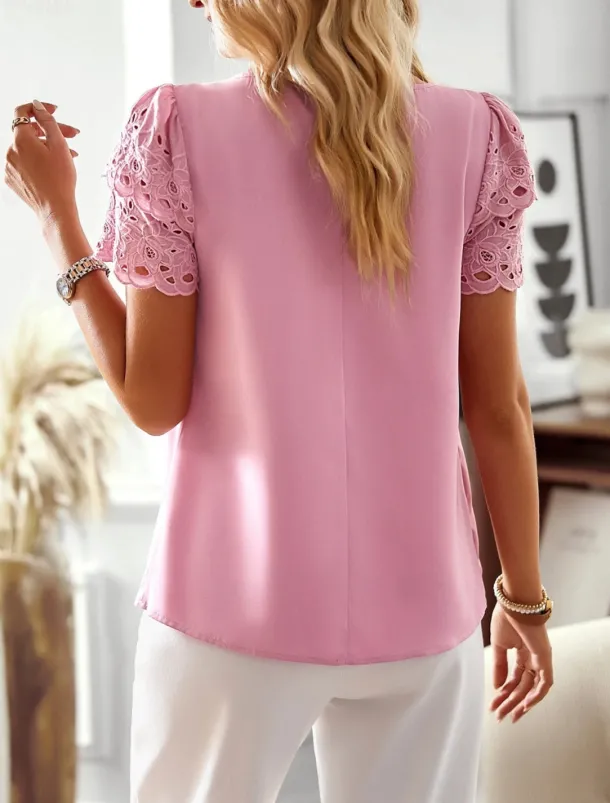 Women's Blouse Solid Color Stylish Casual Short Sleeve Crew Neck Regular Tops Daily Eyelet Pink Summer Spring