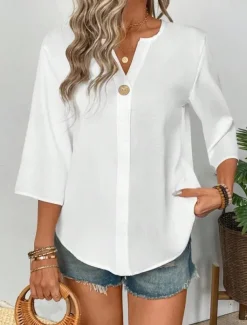 Women's Blouse Solid Color Stylish Casual 3/4 Length Sleeve V Neck Regular Tops Daily Holiday Buttons Black White Orange Summer Spring