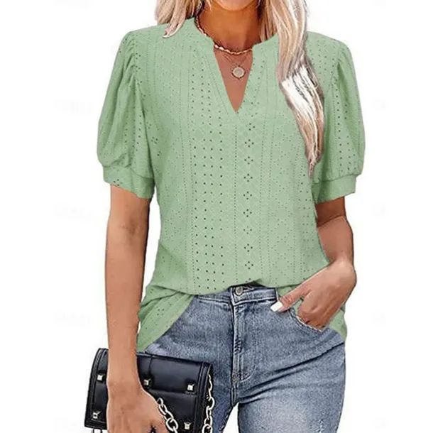Women's Blouse Solid Color Elegant Daily Stylish Short Sleeve V Neck Regular Tops Daily Holiday Going out Patchwork White Pink Green Summer Spring