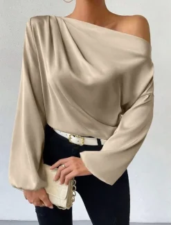 Women's Blouse Solid Color Basic Casual Long Sleeve Lantern Sleeve Asymmetrical Regular Tops Work Daily Holiday Ruched Patchwork White Green Beige Spring Fall