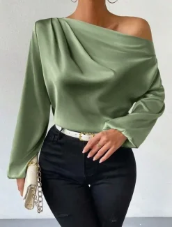 Women's Blouse Solid Color Basic Casual Long Sleeve Lantern Sleeve Asymmetrical Regular Tops Work Daily Holiday Ruched Patchwork White Green Beige Spring Fall
