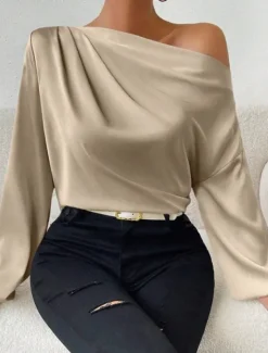 Women's Blouse Solid Color Basic Casual Long Sleeve Lantern Sleeve Asymmetrical Regular Tops Work Daily Holiday Ruched Patchwork White Green Beige Spring Fall