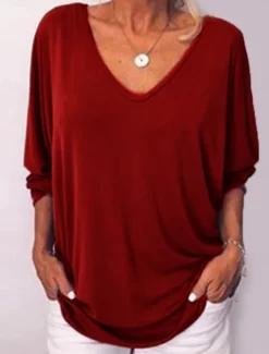 Women's Blouse Solid Color Stylish Casual Long Sleeve V Neck Regular Tops Daily Black White Wine Blue Orange Summer Spring