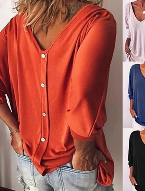 Women's Blouse Solid Color Stylish Casual Long Sleeve V Neck Regular Tops Daily Black White Wine Blue Orange Summer Spring