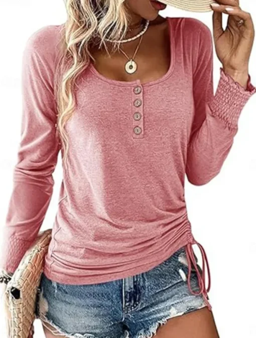 Women's Blouse Solid Color Stylish Casual Long Sleeve Crew Neck Regular Tops Daily Buttons Pink Navy Blue Green Khaki Spring Fall