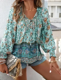 Women's Blouse Stylish Boho Floral Tie Front Lantern Sleeve Long Sleeve Tie Neck Daily Pink Navy Blue Orange Green Summer