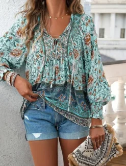 Women's Blouse Stylish Boho Floral Tie Front Lantern Sleeve Long Sleeve Tie Neck Daily Pink Navy Blue Orange Green Summer