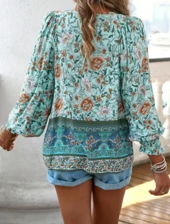 Women's Blouse Stylish Boho Floral Tie Front Lantern Sleeve Long Sleeve Tie Neck Daily Pink Navy Blue Orange Green Summer