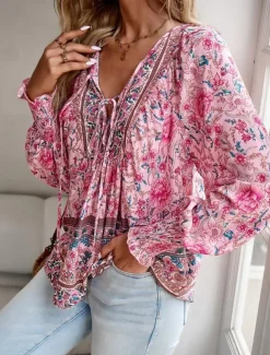 Women's Blouse Stylish Boho Floral Tie Front Lantern Sleeve Long Sleeve Tie Neck Daily Pink Navy Blue Orange Green Summer