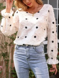 Women's Blouse Stylish Modern Ruffle Long Sleeve Regular Tops Crew Neck Work Daily White Spring Fall Winter