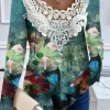 Women's Blouse Tunic Lace Splicing V Neck Long Sleeve Floral Lace Patchwork Print Regular Tops Round Neck Casual Pink Brown Green Spring & Fall