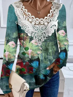 Women's Blouse Tunic Lace Splicing V Neck Long Sleeve Floral Lace Patchwork Print Regular Tops Round Neck Casual Pink Brown Green Spring & Fall
