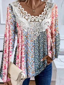 Women's Blouse Tunic Lace Splicing V Neck Long Sleeve Floral Lace Patchwork Print Regular Tops Round Neck Casual Pink Brown Green Spring & Fall