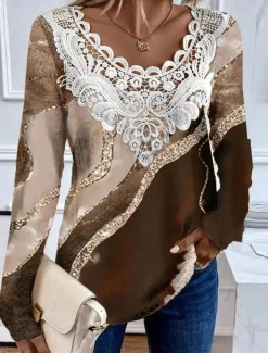Women's Blouse Tunic Lace Splicing V Neck Long Sleeve Floral Lace Patchwork Print Regular Tops Round Neck Casual Pink Brown Green Spring & Fall