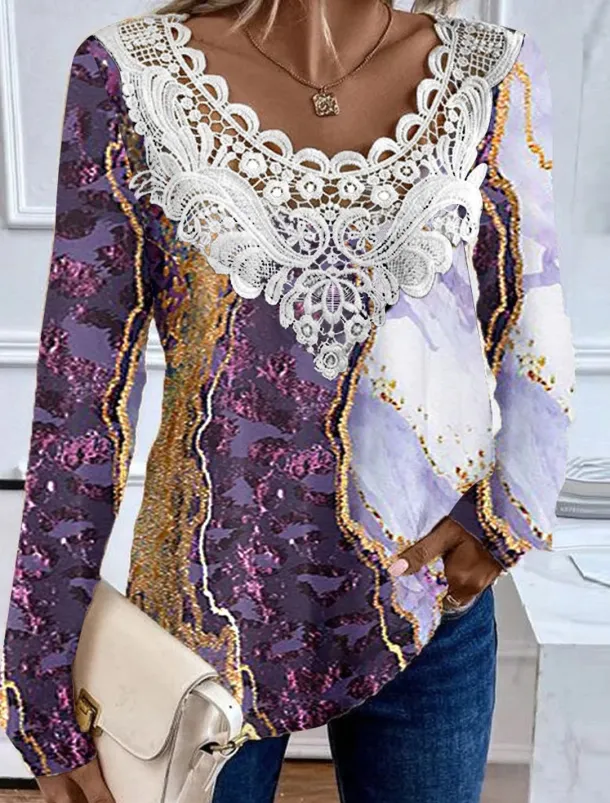 Women's Blouse Tunic Lace Splicing V Neck Long Sleeve Floral Lace Patchwork Print Regular Tops Round Neck Casual Purple Green Khaki Spring & Fall Prefall