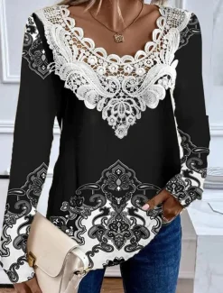 Women's Blouse Tunic Lace Splicing V Neck Long Sleeve Floral Lace Patchwork Print Regular Tops Round Neck Casual Black Light Green Pink Purple Green Spring & Fall
