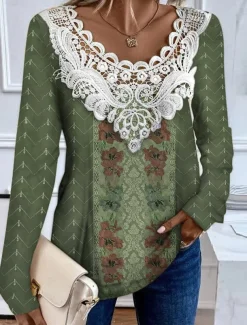 Women's Blouse Tunic Lace Splicing V Neck Long Sleeve Floral Lace Patchwork Print Regular Tops Round Neck Casual Black Light Green Pink Purple Green Spring & Fall