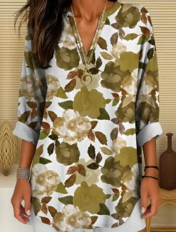 Women's Blouse Tunic V Neck Long Sleeve Boho Casual Floral Graphic Vintage Tropical Regular Tops Daily Wear Print Yellow Red Blue Purple Green