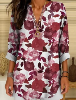 Women's Blouse Tunic V Neck Long Sleeve Boho Casual Floral Graphic Vintage Tropical Regular Tops Daily Wear Print Yellow Red Blue Purple Green