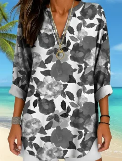 Women's Blouse Tunic V Neck Long Sleeve Boho Casual Floral Graphic Vintage Tropical Regular Tops Daily Wear Print Yellow Red Blue Purple Green