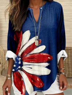 Women's Blouse Tunic V Neck Long Sleeve Boho Casual Patriotic Graphic Flag Vintage Tropical Regular Tops Daily Wear Print