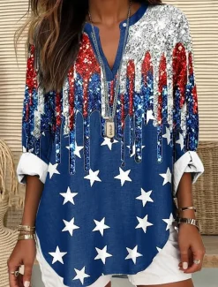 Women's Blouse Tunic V Neck Long Sleeve Boho Casual Patriotic Graphic Flag Vintage Tropical Regular Tops Daily Wear Print