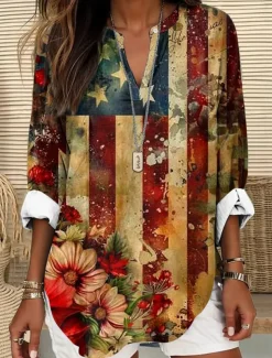 Women's Blouse Tunic V Neck Long Sleeve Boho Casual Patriotic Graphic Flag Vintage Tropical Regular Tops Daily Wear Print