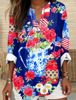 Women's Blouse Tunic V Neck Long Sleeve Boho Casual Patriotic Graphic Flag Vintage Tropical Regular Tops Daily Wear Print