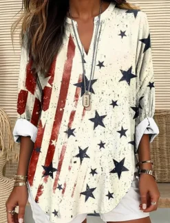 Women's Blouse Tunic V Neck Long Sleeve Boho Casual Patriotic Graphic Flag Vintage Tropical Regular Tops Daily Wear Print