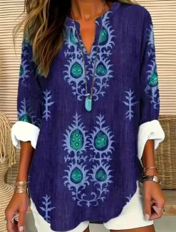 Women's Blouse Tunic V Neck Long Sleeve Boho Casual Tops Floral Graphic Vintage Tropical Regular Tops Daily Wear Print Blue Orange Green