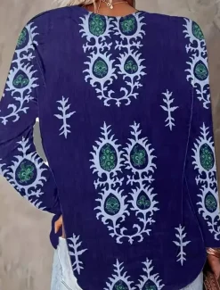 Women's Blouse Tunic V Neck Long Sleeve Boho Casual Tops Floral Graphic Vintage Tropical Regular Tops Daily Wear Print Blue Orange Green