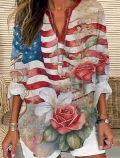 Women's Blouse Tunic V Neck Long Sleeve Boho Casual Patriotic Graphic Flag Vintage Tropical Regular Tops Daily Wear Print Black Red Blue