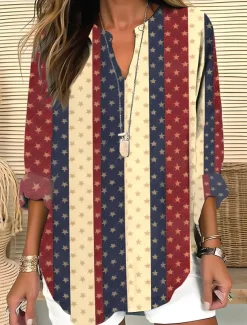 Women's Blouse Tunic V Neck Long Sleeve Boho Casual Patriotic Flag Red White And Blue Short Sleeve Regular Tops Daily Print Red Light Brown Blue