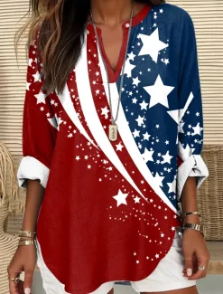 Women's Blouse Tunic V Neck Long Sleeve Boho Casual Patriotic Flag Red White And Blue Short Sleeve Regular Tops Daily Print Red Light Brown Blue