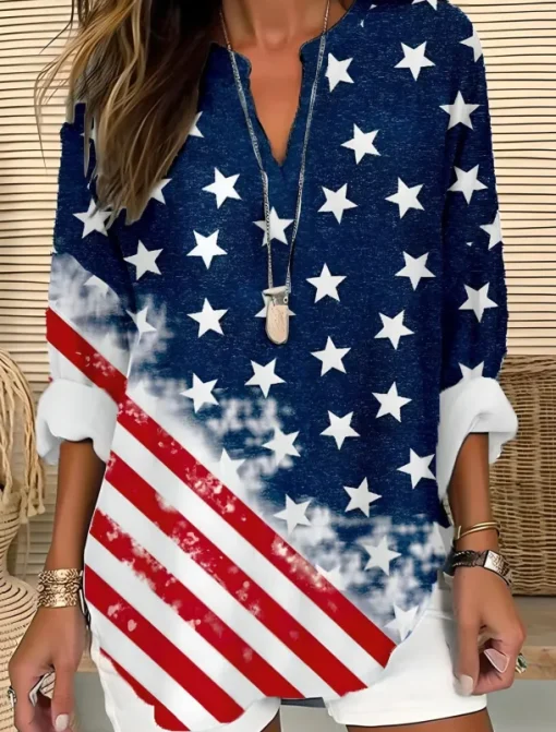 Women's Blouse Tunic V Neck Long Sleeve Boho Casual Patriotic Flag Red White And Blue Short Sleeve Regular Tops Daily Print Red Light Brown Blue
