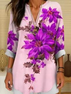 Women's Blouse Tunic V Neck Long Sleeve Boho Casual Floral Graphic Vintage Tropical Regular Tops Daily Wear Print Yellow Red Blue Purple Green Winter