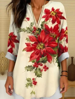 Women's Blouse Tunic V Neck Long Sleeve Boho Casual Floral Graphic Vintage Tropical Regular Tops Daily Wear Print Yellow Red Blue Purple Green Winter