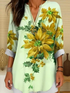 Women's Blouse Tunic V Neck Long Sleeve Boho Casual Floral Graphic Vintage Tropical Regular Tops Daily Wear Print Yellow Red Blue Purple Green Winter