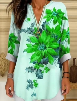 Women's Blouse Tunic V Neck Long Sleeve Boho Casual Floral Graphic Vintage Tropical Regular Tops Daily Wear Print Yellow Red Blue Purple Green Winter