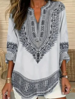 Women's Blouse Tunic V Neck Long Sleeve Boho Casual Graphic Geometric Paisley Elegant Bohemia Vintage Regular Tops Daily Print Black Blue Light Grey Beige