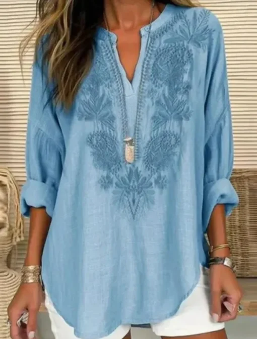 Women's Blouse Tunic V Neck Long Sleeve Boho Casual Graphic Geometric Paisley Elegant Bohemia Vintage Regular Tops Daily Print Black Blue Light Grey Beige