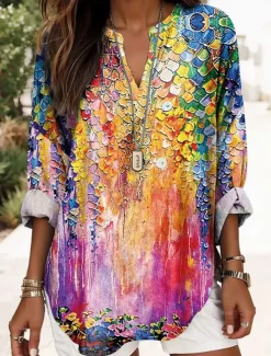 Women's Blouse Tunic V Neck Long Sleeve Boho Casual Floral Graphic Vintage Tropical Regular Tops Daily Vacation Wear Print Black Pink