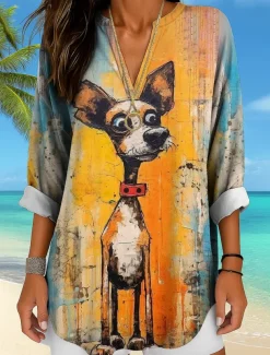 Women's Blouse Tunic V Neck Long Sleeve Boho Casual Summer Tops Graphic Animal Cat Vintage Tropical Regular Tops Daily Wear Print Yellow Red Orange Apricot
